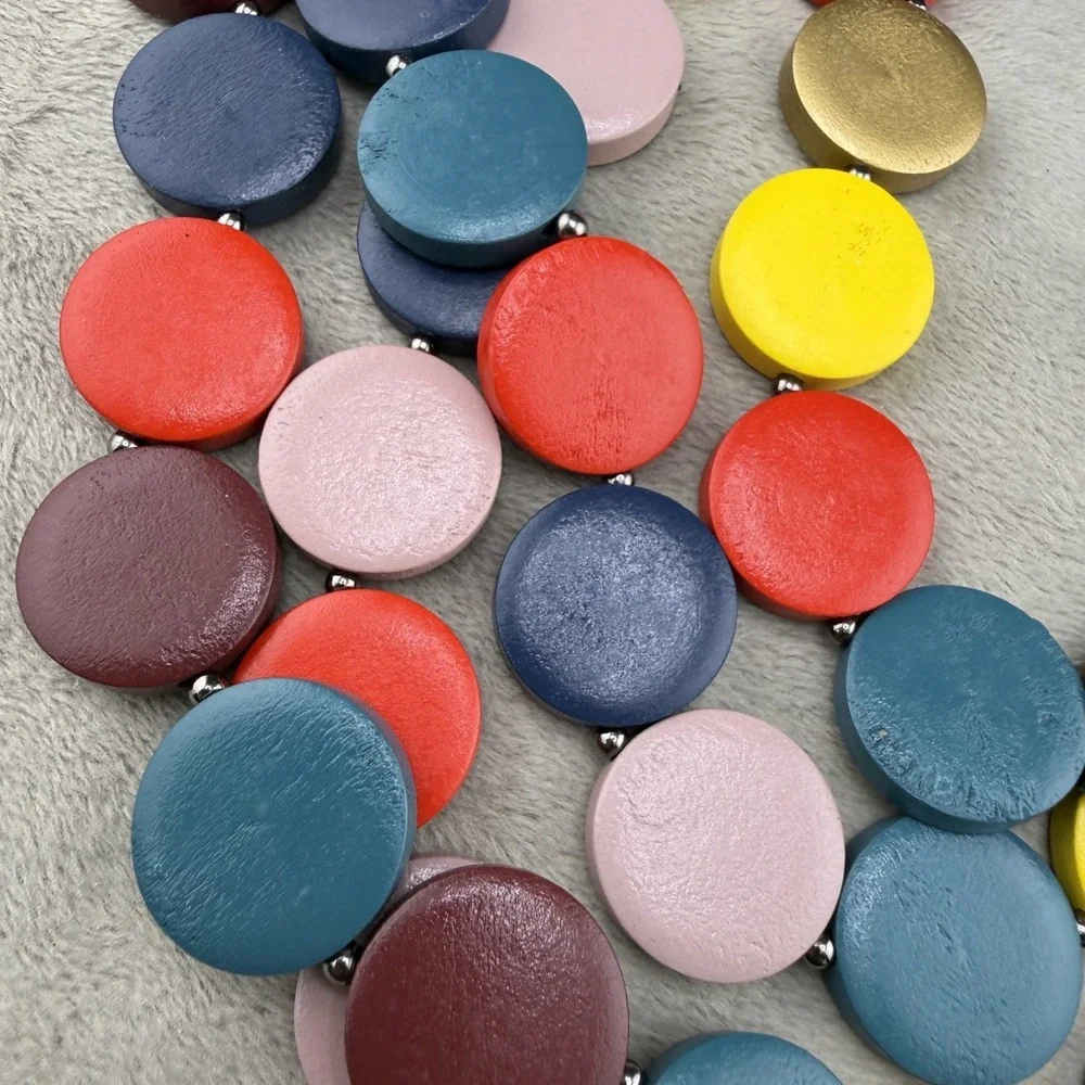 Statement Necklace Layered Painted Wood Disc Bright Summer Party 18" - Picture 6 of 10